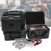 A black portable hard shell toolbox with a lid open, showing various tools and accessories.