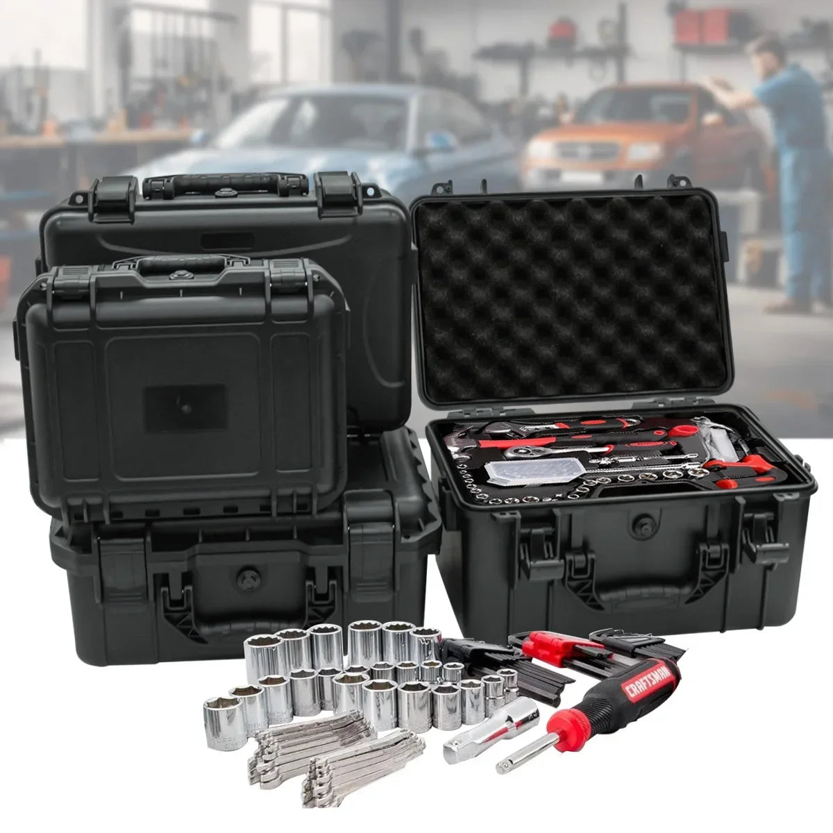 A black portable hard shell toolbox with a lid open, showing various tools and accessories.