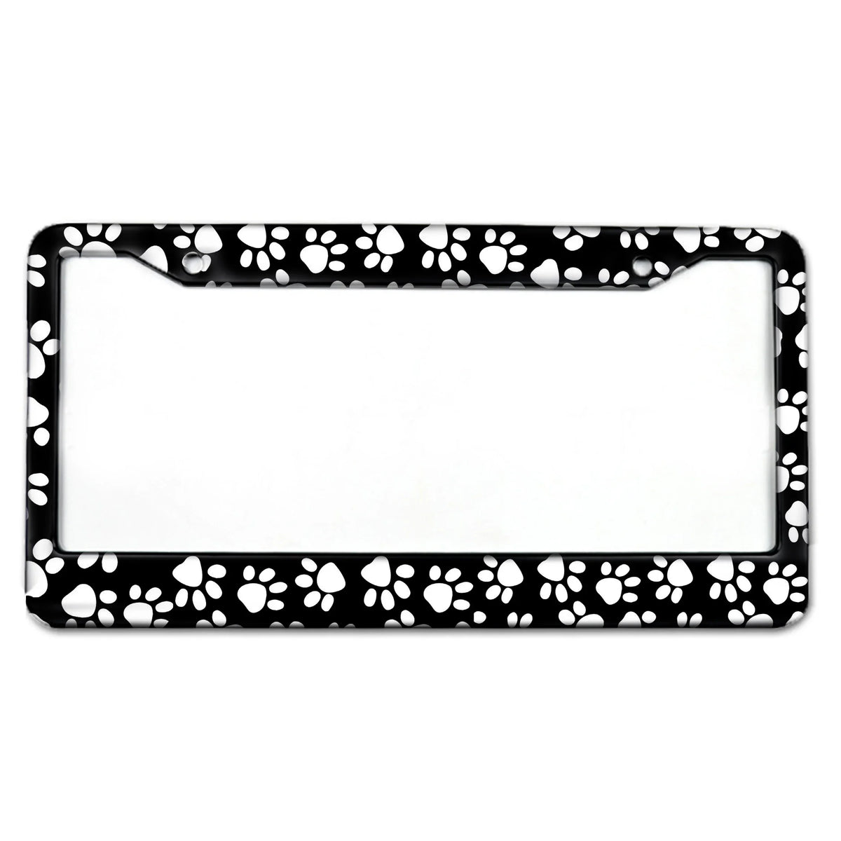 Black and white paw print patterned aluminum license plate frame for car tags