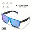 A pair of bright blue square sports sunglasses with black frames and a gold accent, shown against a white background.