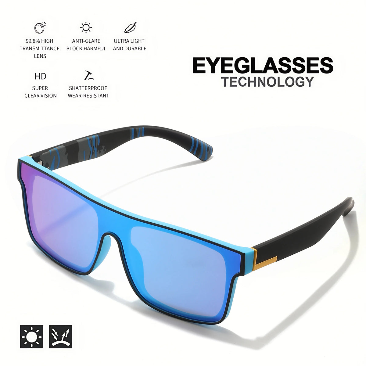 A pair of bright blue square sports sunglasses with black frames and a gold accent, shown against a white background.