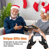 A pair of black LED flashlight gloves being presented to a woman in a festive holiday setting.