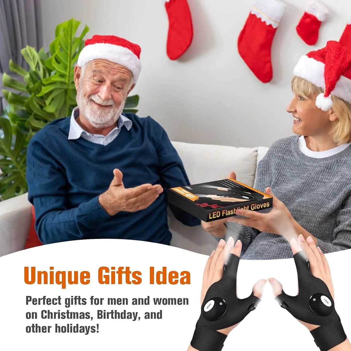 A pair of black LED flashlight gloves being presented to a woman in a festive holiday setting.
