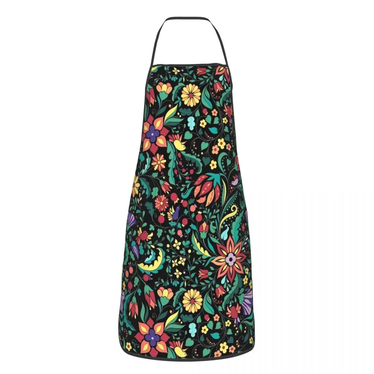 A black apron with a vibrant Mexican floral pattern featuring yellow, orange, and green flowers and leaves.