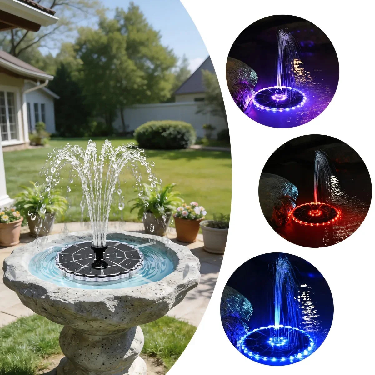 A solar-powered floating fountain with color-changing LED lights is shown in various displays.