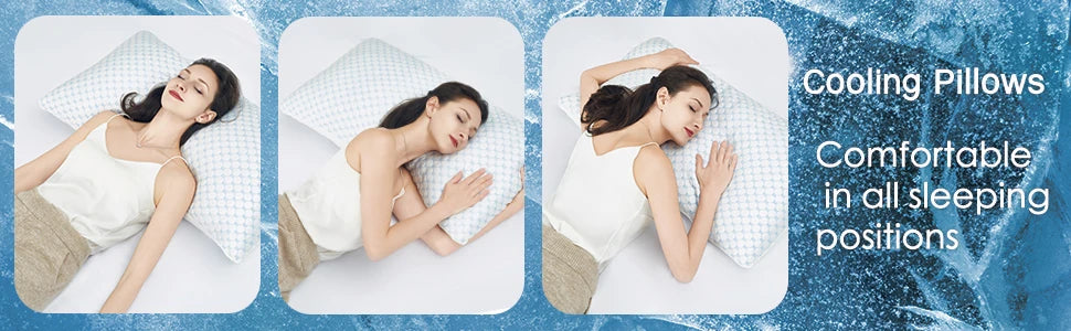 Three women demonstrate the use of cooling pillows in different sleeping positions.