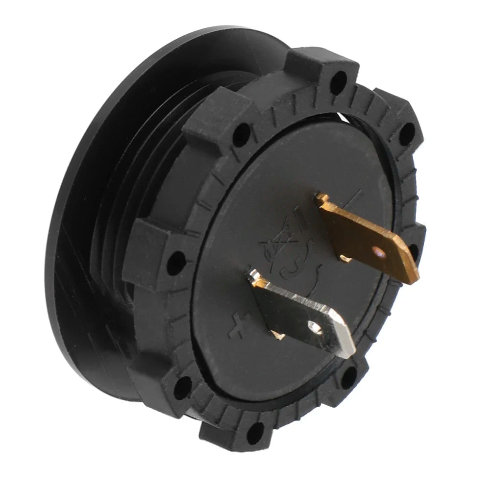 Black LED digital voltmeter for 12V-24V vehicles with brass terminals.