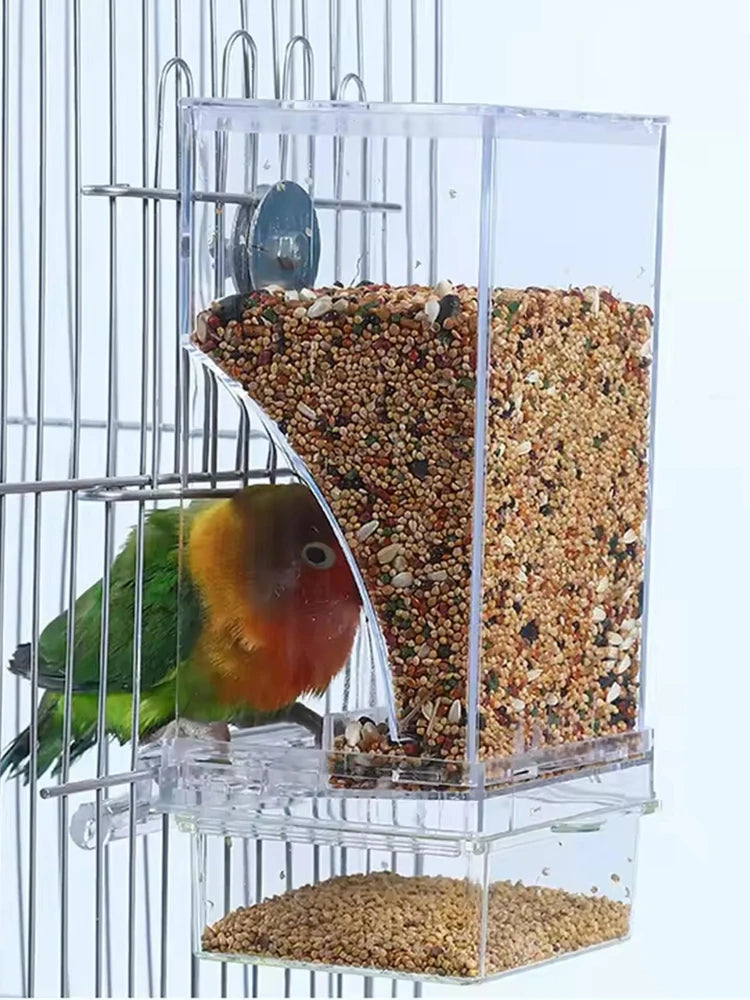 A transparent anti-spill parrot feeder with multiple compartments filled with seeds and a bird inside