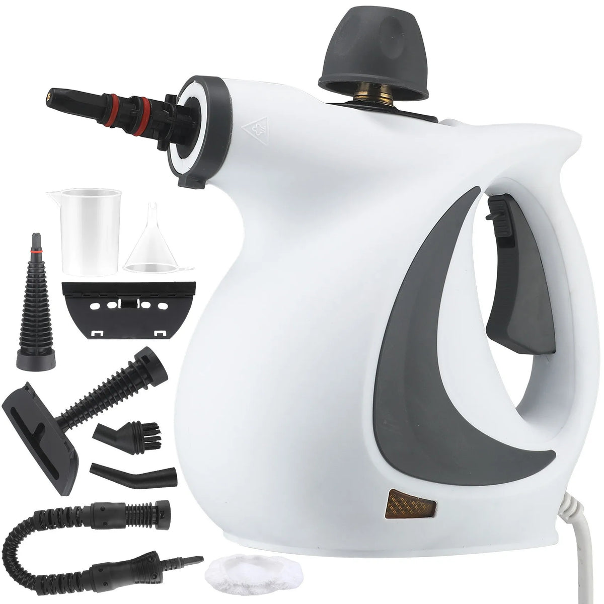 A white handheld pressurized steam cleaner with various attachments shown.