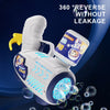 A white astronaut bubble blaster toy is shown with bubbles flying out, emphasizing 360 degree reverse operation without leaka