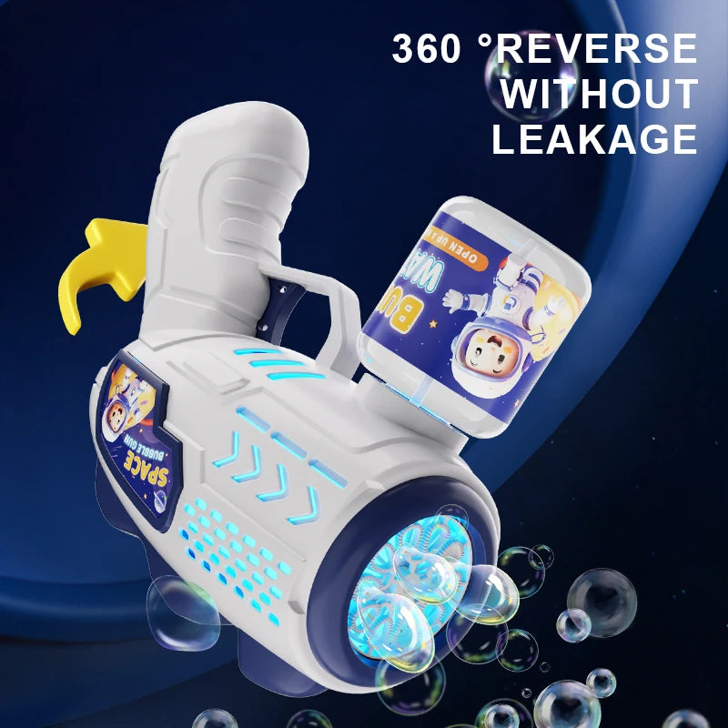A white astronaut bubble blaster toy is shown with bubbles flying out, emphasizing 360 degree reverse operation without leaka