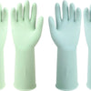 Four pairs of light green and blue reusable non-slip rubber dishwashing gloves shown from the palm view.
