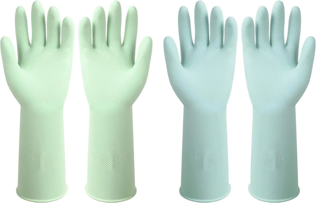 Four pairs of light green and blue reusable non-slip rubber dishwashing gloves shown from the palm view.