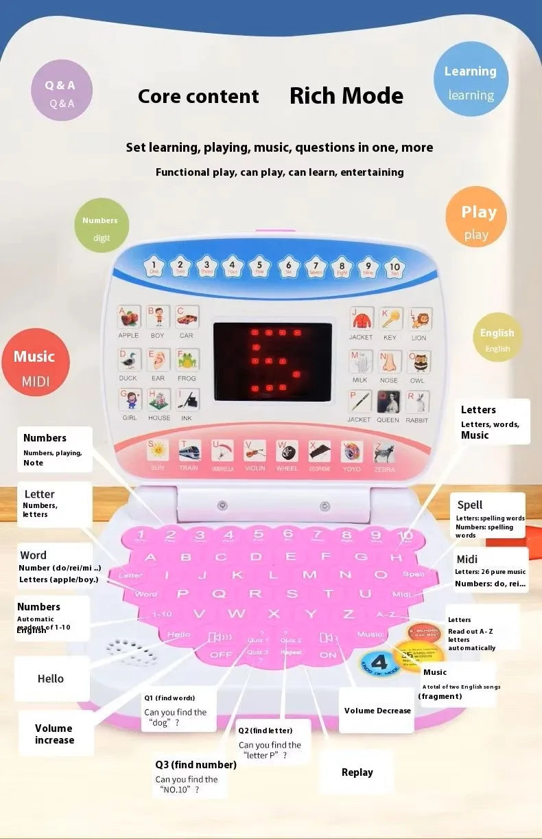 A mini educational laptop toy with an LED display and music, showing various learning functions like numbers, letters, and wo