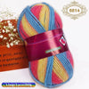 A ball of gradient dyed wool blend yarn featuring pink, yellow, and blue stripes.