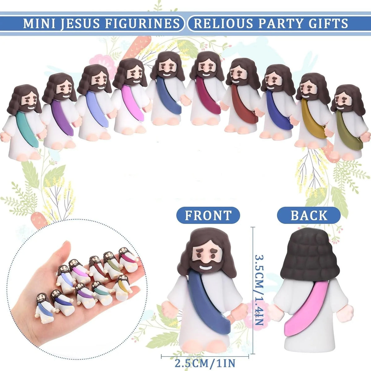 A set of mini Jesus figurines in various colors and styles for religious party gifts.