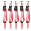 Five pink durable polyester luggage straps with black buckles and ID tags