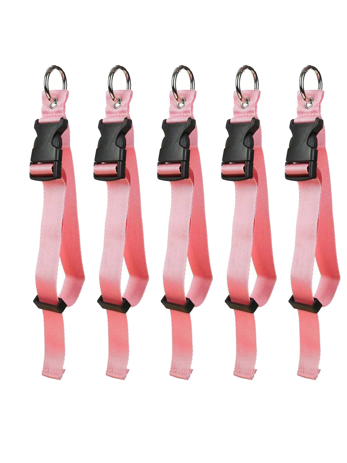 Five pink durable polyester luggage straps with black buckles and ID tags