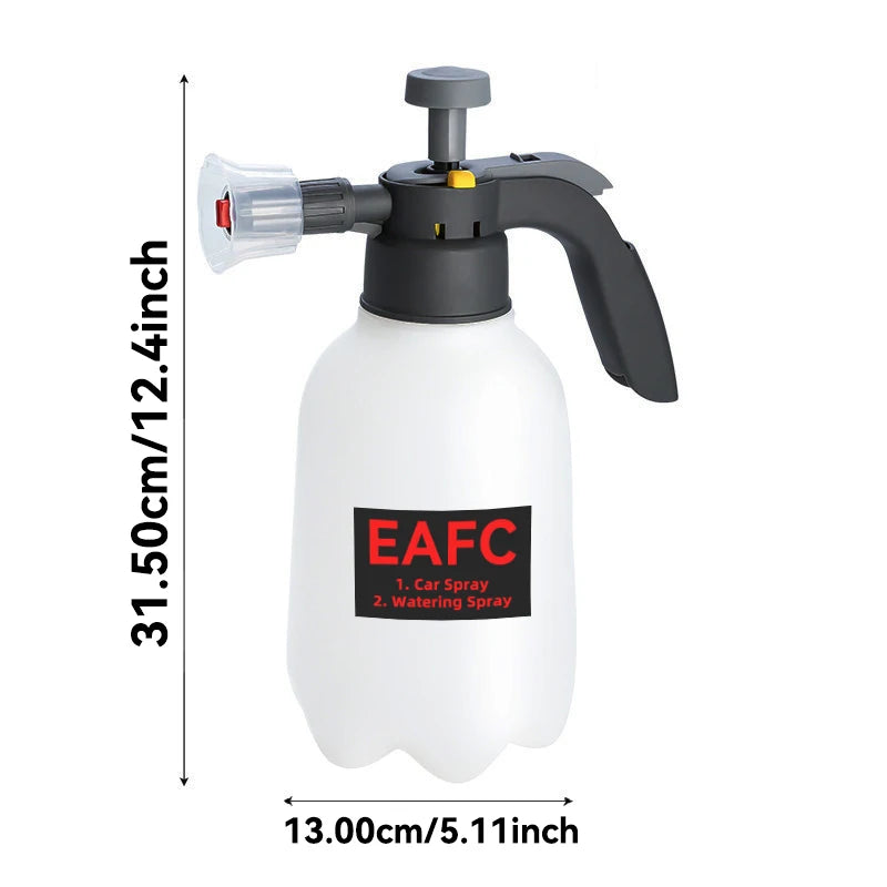 A white hand pump foam sprayer with a black pump and handle, used for car or garden watering.