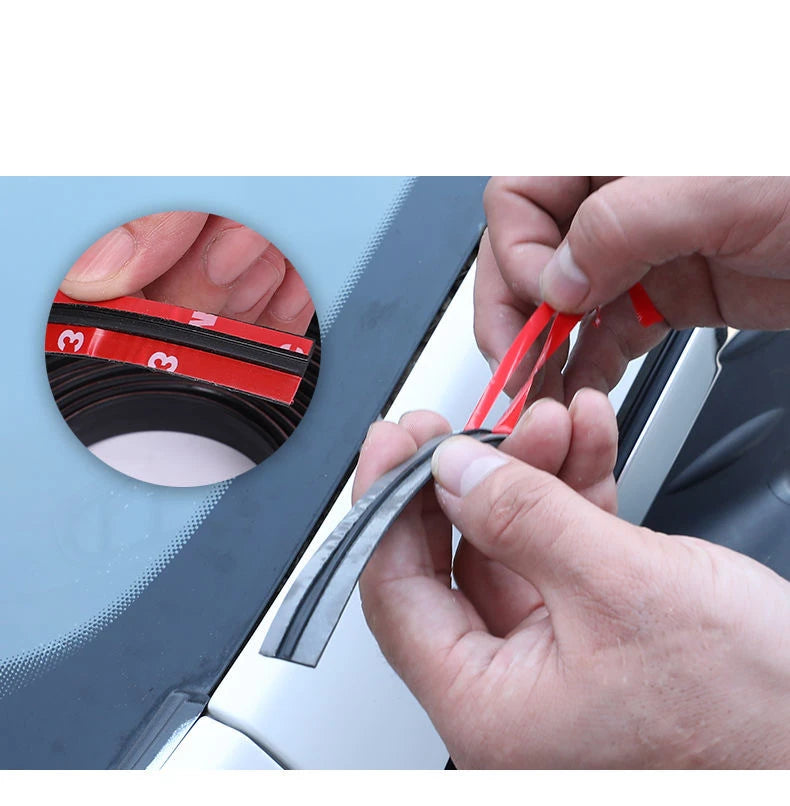 A hand is installing a red rubber sealing strip onto an automotive panel, demonstrating noise and weather protection.
