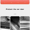 Three close-up photos show PU leather door sill protectors installed on a car door, highlighting various features.