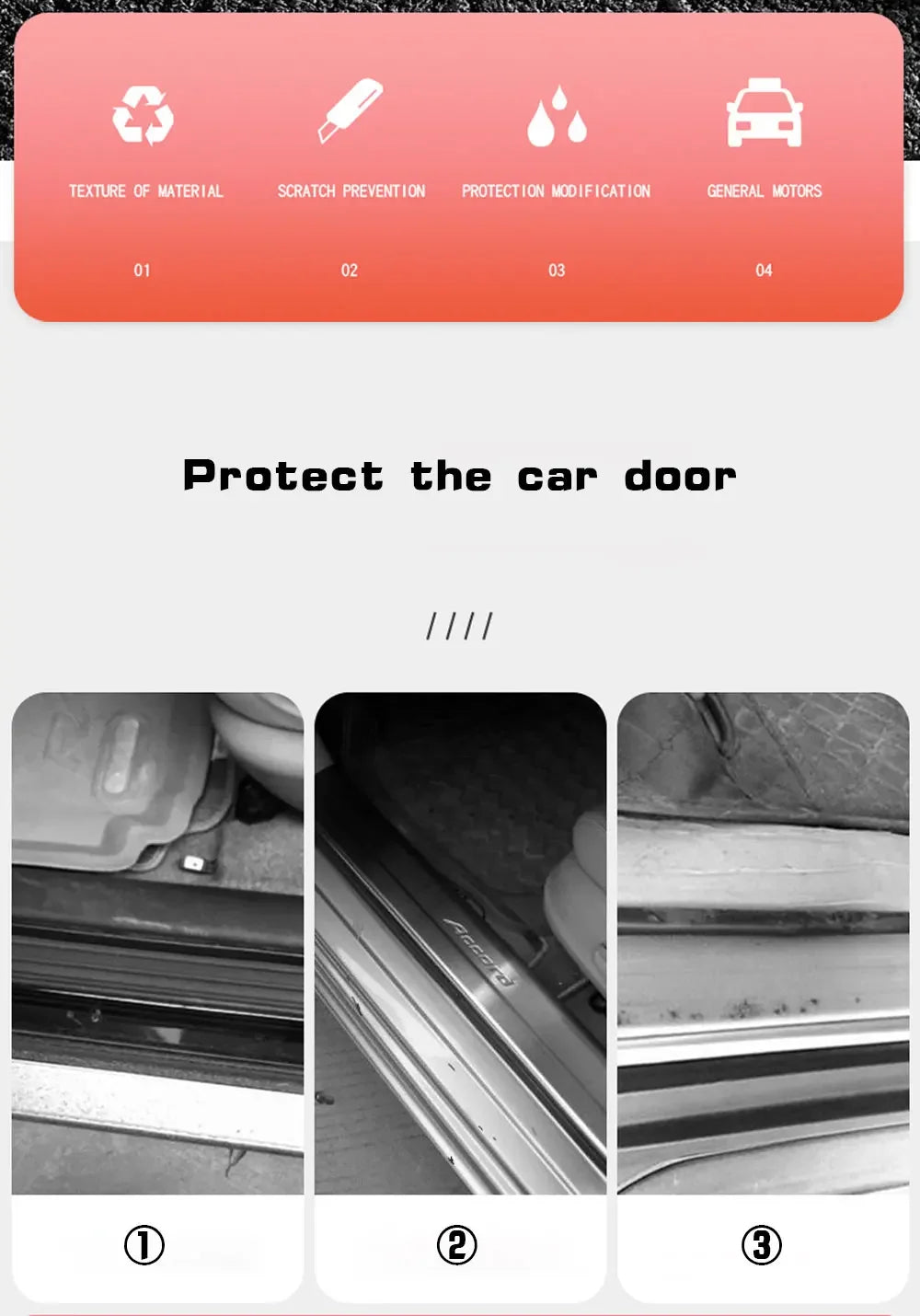Three close-up photos show PU leather door sill protectors installed on a car door, highlighting various features.