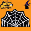 A black spider web design on an orange background with a Halloween theme and a small black cat.
