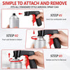 Instructions showing how to attach and remove an aerosol spray can using an ergonomic handle with a trigger grip in three ste