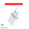White EU 40W Fast Charging adapter with a USB-C connector for charging devices.