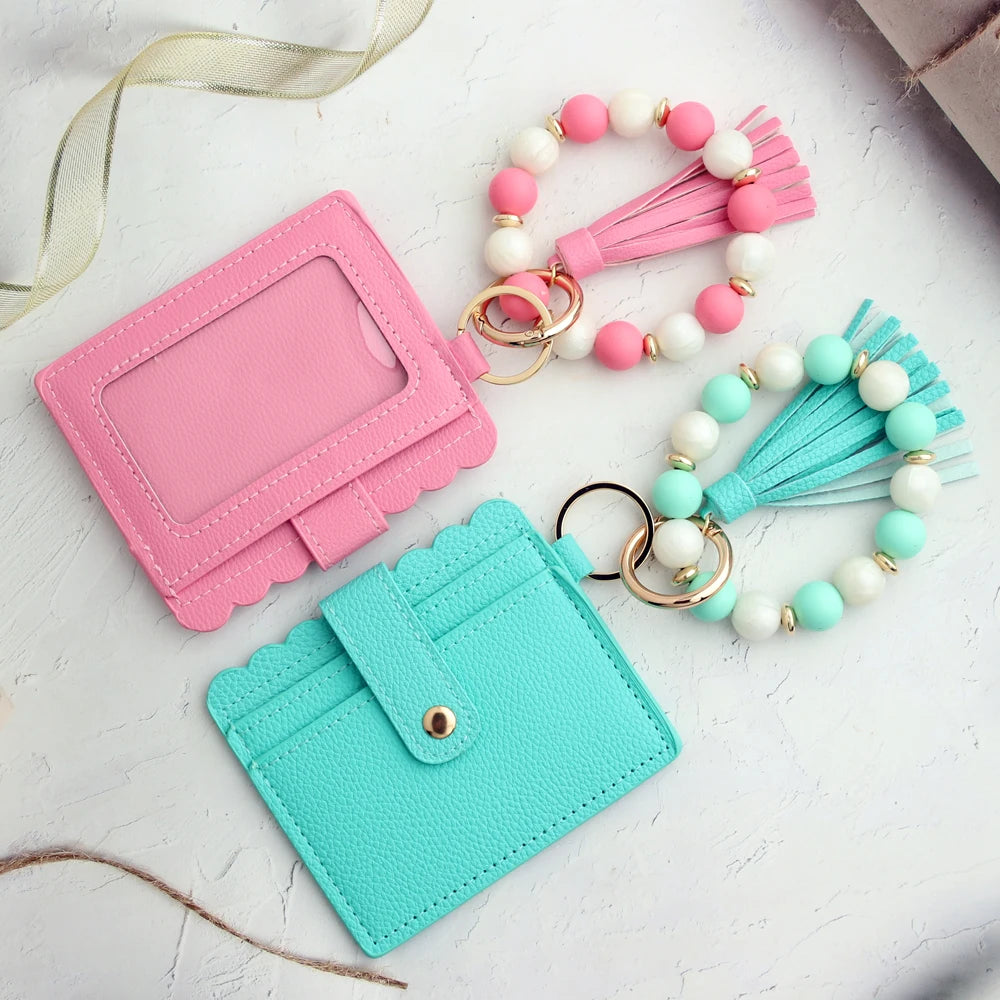 Silicone Bead Bracelet with Leather Card Holder and Tassel
