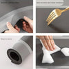 A set of silicone mats and a gold fork demonstrating smooth cutting edges, anti-scratch properties, easy storage, and cleanin