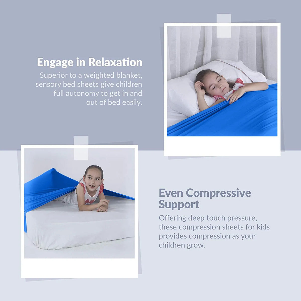 A child is shown using a blue sensory bed sheet for relaxation and support.