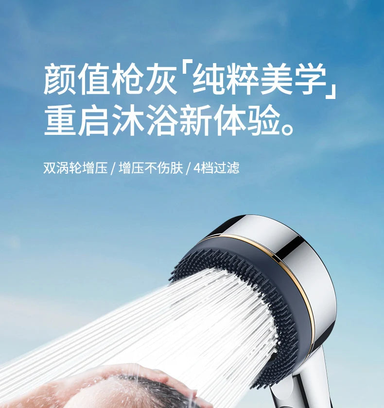 A hand is holding a high-pressure shower head spraying water, demonstrating the filtered shower experience.