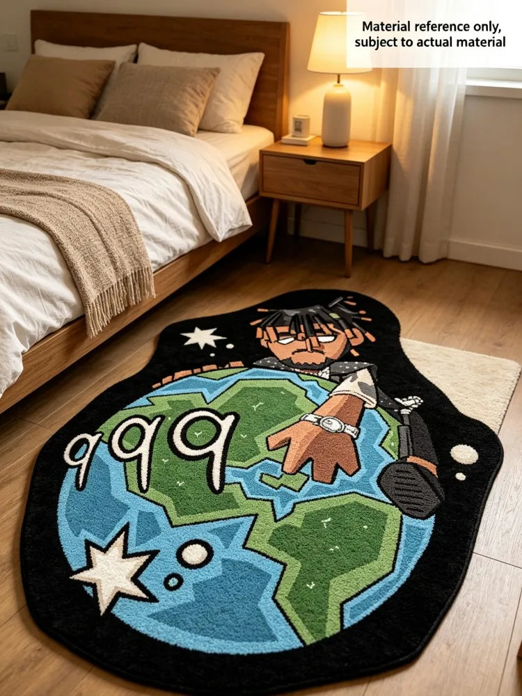 A cartoon area rug featuring Juice WRLD 999 on a globe design.