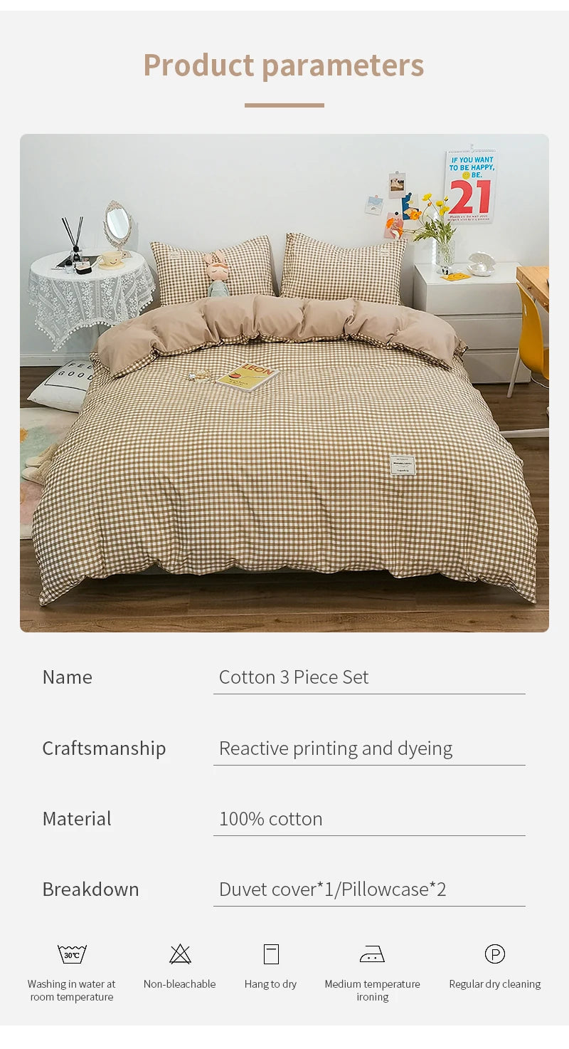 100% Cotton Duvet Cover Set with Plaid Stripe – Breathable & Skin-Friendly