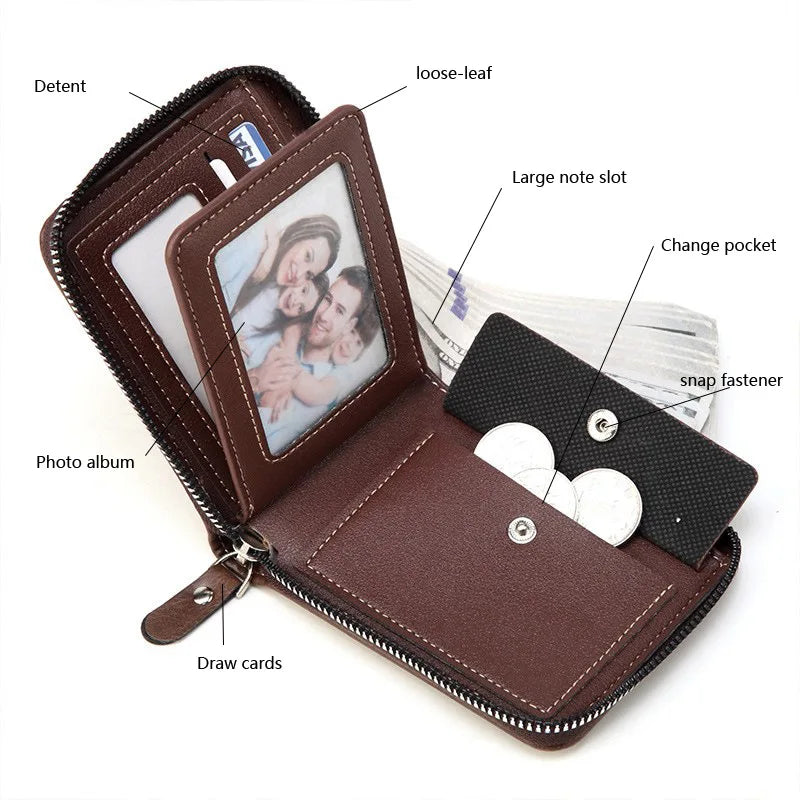 Men's Waxed Leather Bifold Wallet with All-Around Zipper