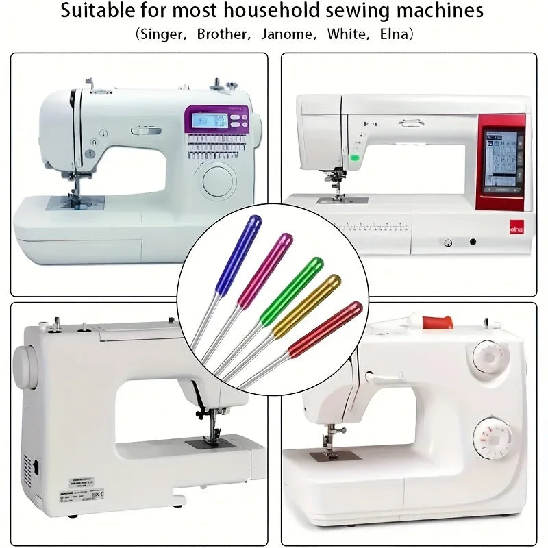 A multi-pack of anti-skip sewing machine needles shown alongside various household sewing machines.