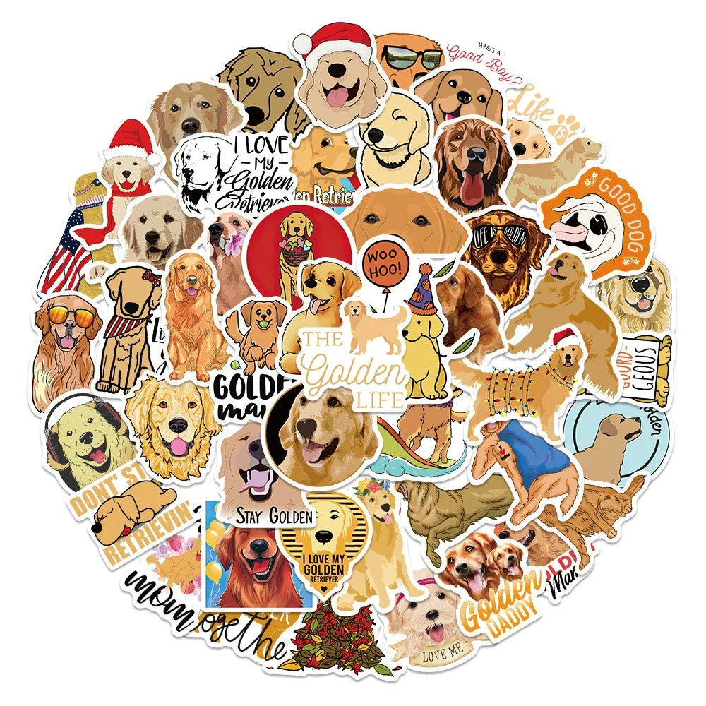 A circular sticker pack featuring various illustrations and faces of Golden Retrievers.