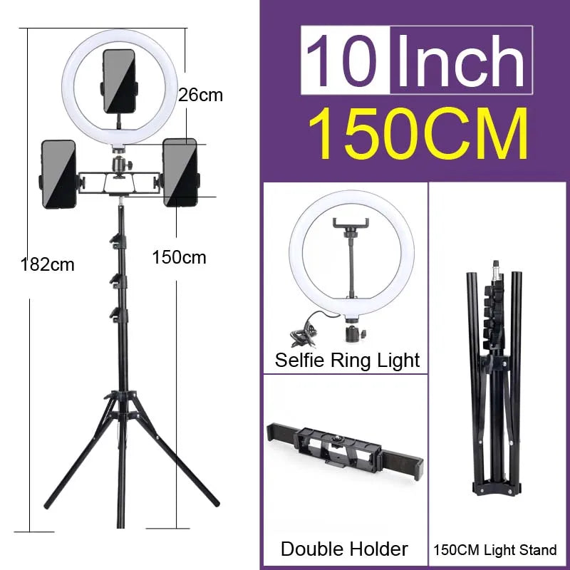 Adjustable 10 inch selfie ring light with tripod and double holder for streaming and video calls