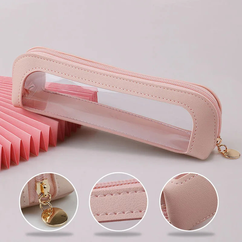 A pink clear waterproof travel makeup organizer pouch with a leather trim shown from the side and close-up details.