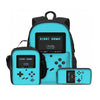 A teal backpack set for kids gaming console including a main bag, lunch bag, and pencil case.