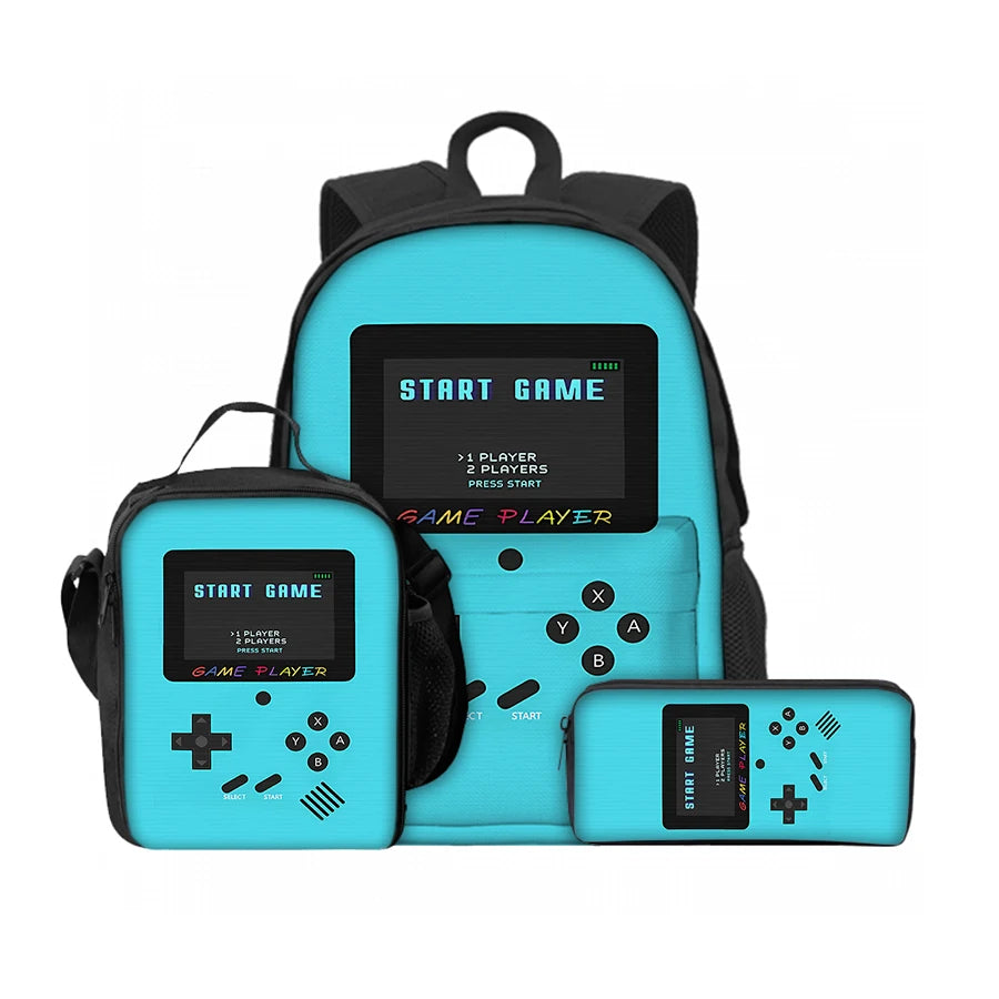 A teal backpack set for kids gaming console including a main bag, lunch bag, and pencil case.