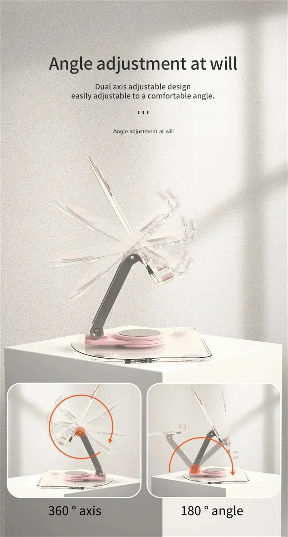 A clear acrylic tablet stand demonstrating angle adjustment, showing 360 degree and 180 degree angles.