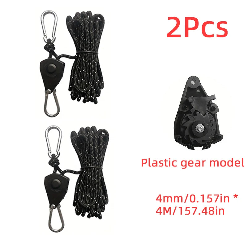 Two black plastic gear models for a heavy-duty camping rope tightener with ratchet lock.