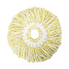 A pair of yellow microfiber spinning mop heads with white bases.