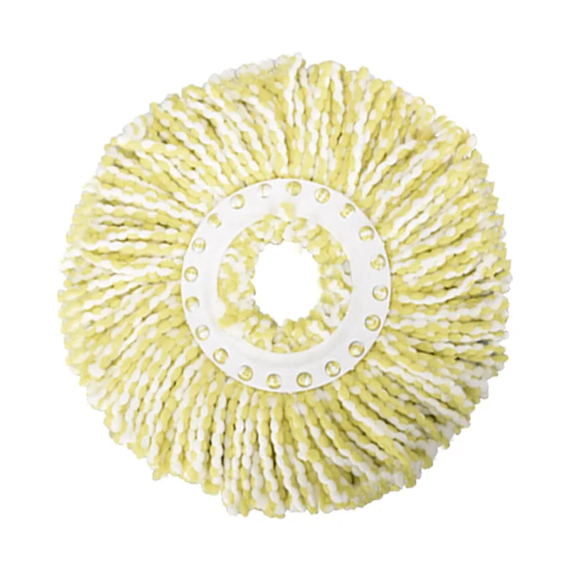 A pair of yellow microfiber spinning mop heads with white bases.