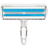 A white pet hair remover roller with blue bristles and a white handle.