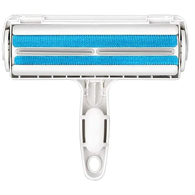A white pet hair remover roller with blue bristles and a white handle.