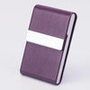 A purple slim PU leather and stainless steel card holder with a white accent bar.