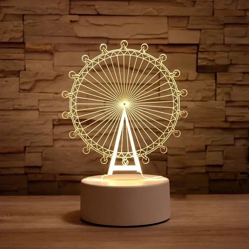 A glowing wireframe light sculpture of a Ferris wheel mounted on a base.